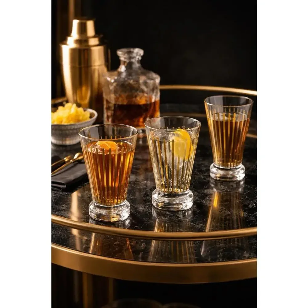 NIB Crate & Barrel 2000s Set Of 4 Gold Stripe Cocktail Glasses 6 Oz, 2.75x2.25”